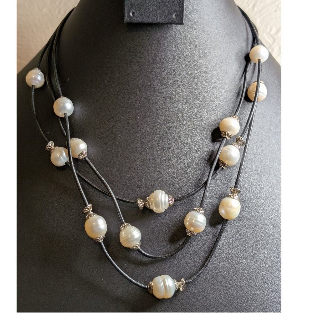 925 Sterling Three Strand Floating Genuine Freshwater Pearl Corded Necklace
